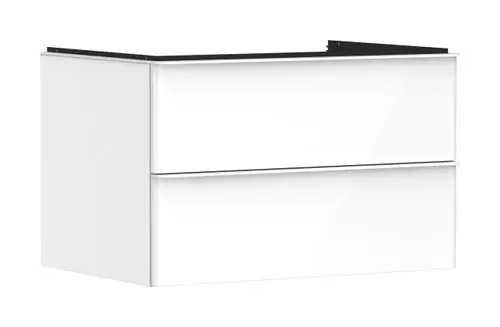 Weißer Waschtischunterschrank von Hansgrohe mit zwei Schubkästen und glatter Oberfläche, geeignet für einen Konsolen-Aufsatzwaschtisch.